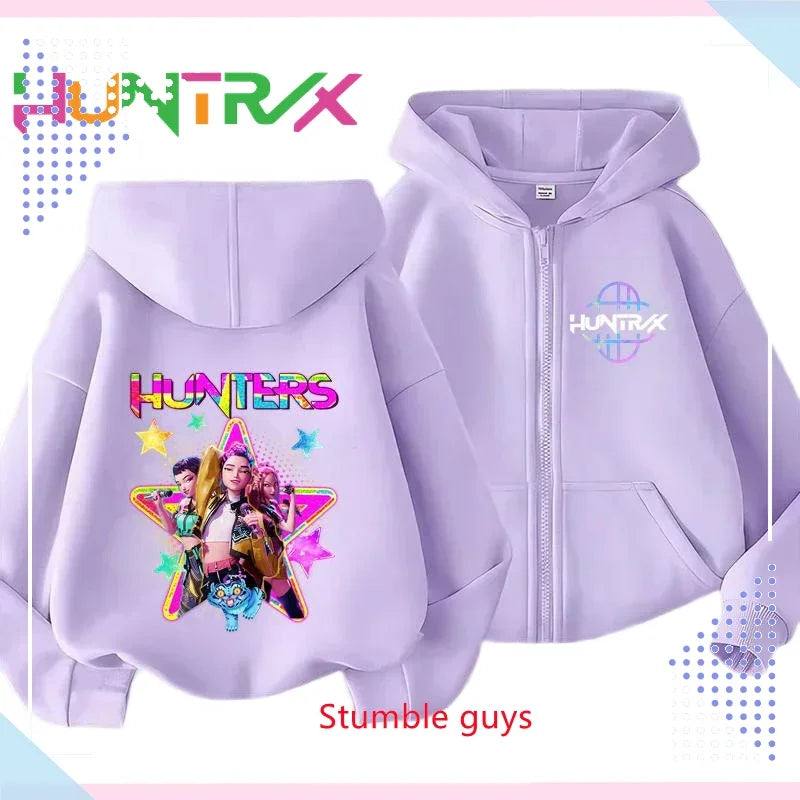 Kids Purple Zipper Hoodies Spring Autumn Kpop Demon Hunters Sweatshirt For Spring Picnic & Autumn Walk