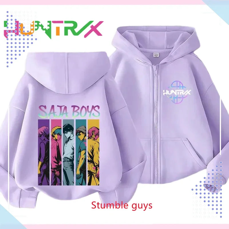 Kids Purple Zipper Hoodies Spring Autumn Kpop Demon Hunters Sweatshirt For Spring Picnic & Autumn Walk