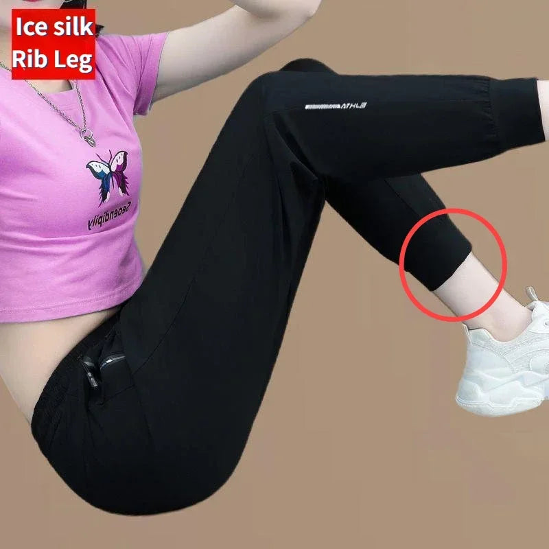 Women's Spring Summer Thin Ice Silk Pants Comfortable Breathable Casual Elastic Beam Feet Pants Slim Sports Fitness Trousers