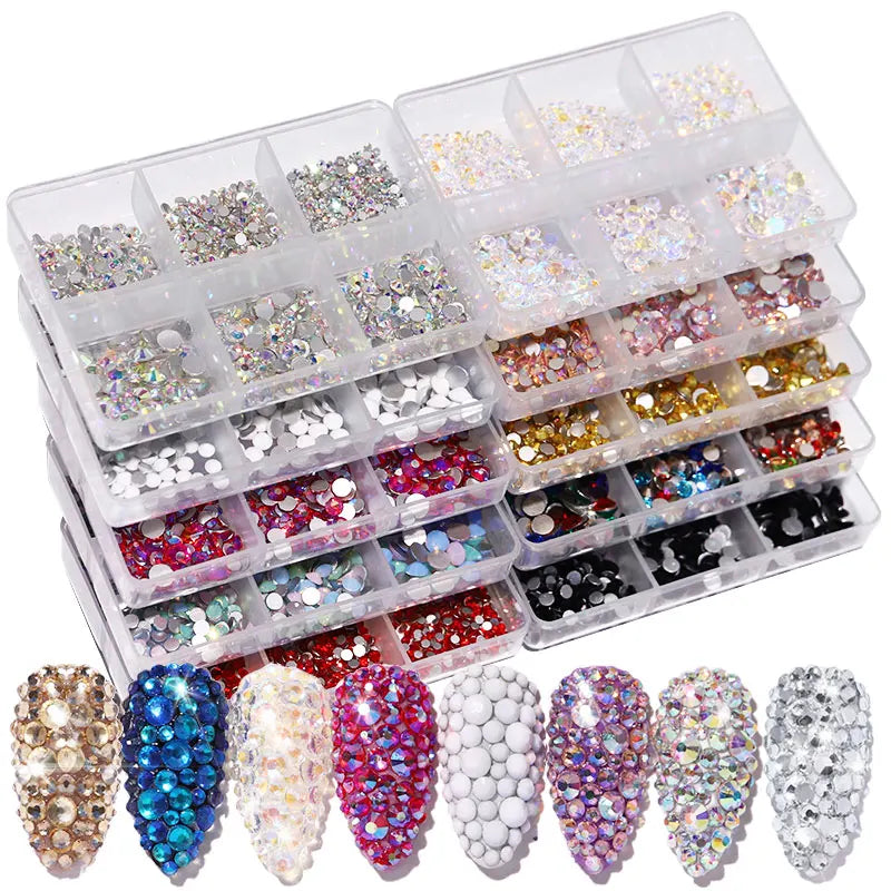6Grids Kit Nail Decoration Mix Size Nail Diamond Flatback Rhinestone Glue Strass Diy Bling Stickers Skin Non Hotfix Crystals