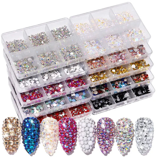 6Grids Kit Nail Decoration Mix Size Nail Diamond Flatback Rhinestone Glue Strass Diy Bling Stickers Skin Non Hotfix Crystals