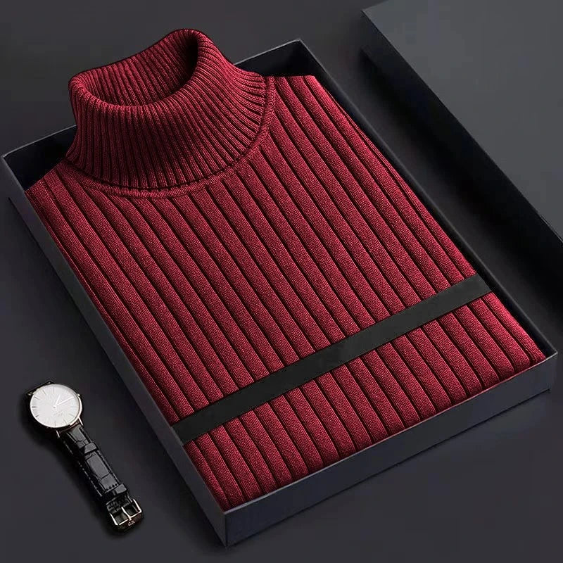 New Men's Slim Fit Pullover Woolen Sweaters Long Sleeve Turtleneck Heavyweight Tops Casual Stripe Knitted Winter Warm Outerwear