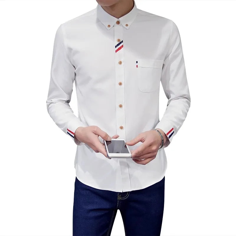 2023 Spring Men's Casual Solid Oxford Dress White Shirt Single Patch Pocket Long Sleeve Regular-fit Button-down  Shirts