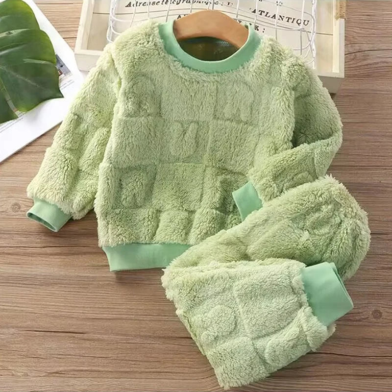 New Autumn and Winter Flange Pajamas Suits Children's Long Sleeve Top+Trousers Sets Plus Velvet Thick Home Wear 1-6 Years Old