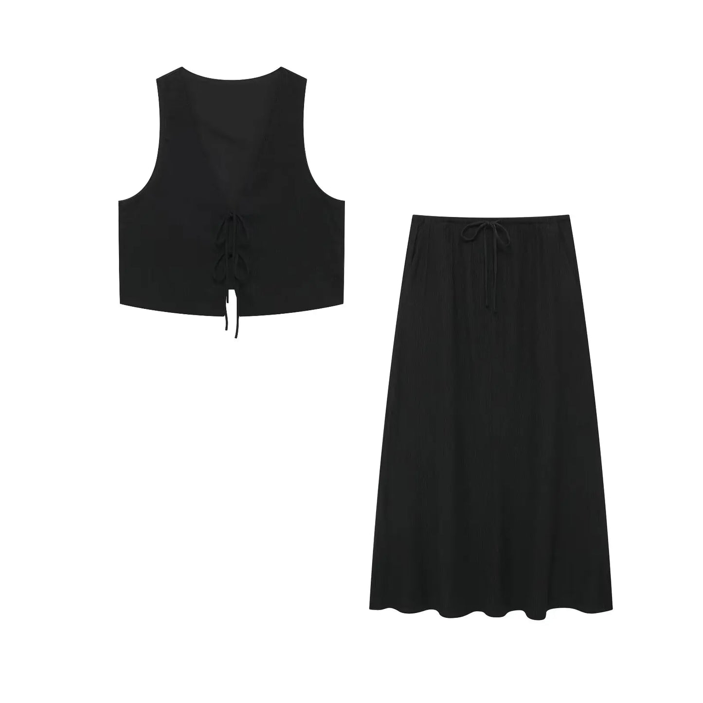 HH Women's Street Vest 2-piece Set Chic V-neck Sleeveless Lace-up Textured Vest + High-waisted Drawstring Casual Skirt Suit