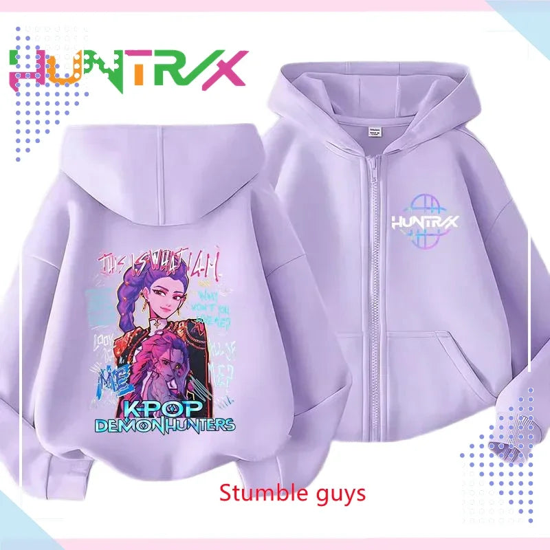 Kids Purple Zipper Hoodies Spring Autumn Kpop Demon Hunters Sweatshirt For Spring Picnic & Autumn Walk