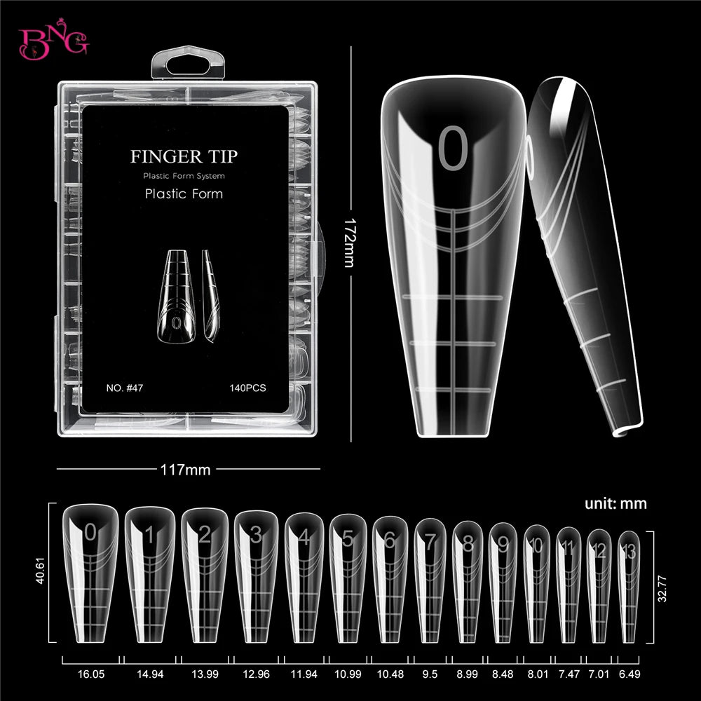 BNG 140Pcs Poly Extension Gel Dual Nail Forms Reusable Nail Molds for Builder Extension 14 Size Top Forms for Nail Art Design