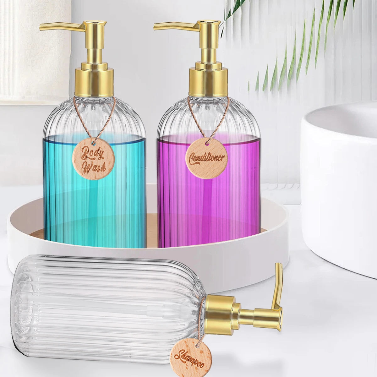Set of 3 Refillable Shampoo and Conditioner Bottles, 16.9oz/500ml Elegant Guest Room Decoration Shampoo Dispenser with Gold Pump
