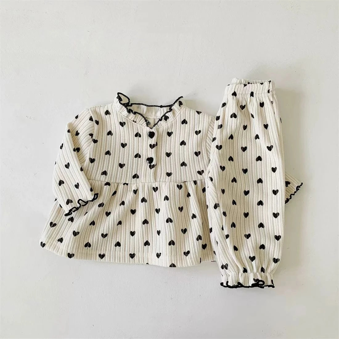 TZ2543 Korean Style Baby Casual Outfit with Heart Lace Trim Doll Shirt And Pants Spring Autumn Infant Clothing Two-Piece Set