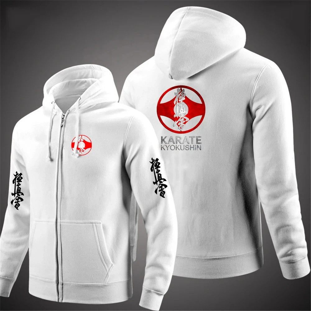 2025 Kyokushin Karate Printed Hooded Long Sleeve Men Jacket Drawstring Zipper Closure Solid Color Casual Sweatshirt Clothing