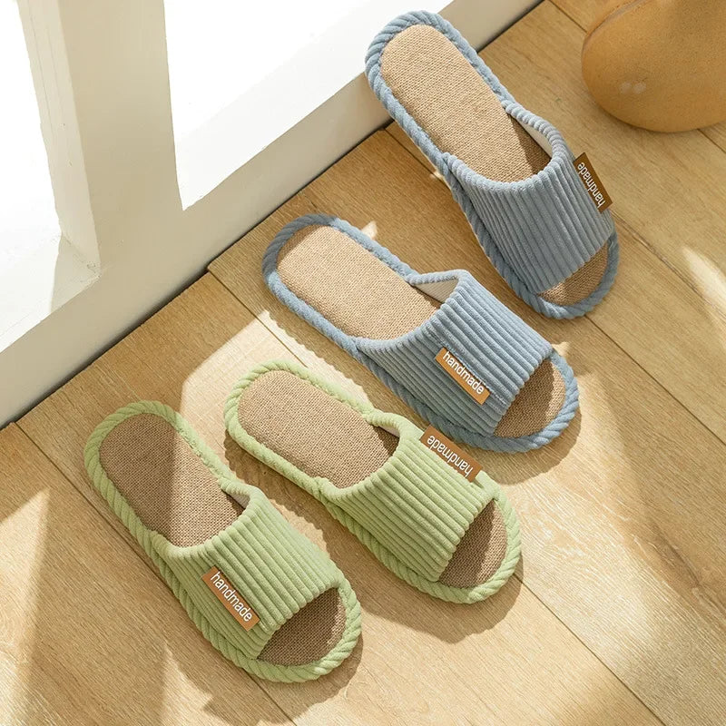 Striped Slippers Women Autumn Home Linen Flip Flops Couples Indoor House Non Slip Sandals Guest Shoes Male Flat Flax Sneaker
