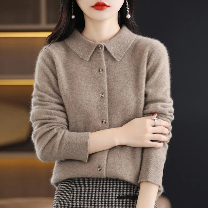 "Women's Pure Wool Lapel Cardigan – Autumn & Winter Casual Sweater"