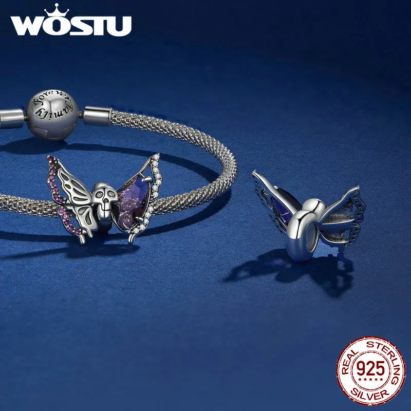 WOSTU 925 Sterling Silver Halloween Gift Purple Pendant Punk Skeleton Hand Bead Skull Butterfly Charm Fit DIY  Bracelet Necklace