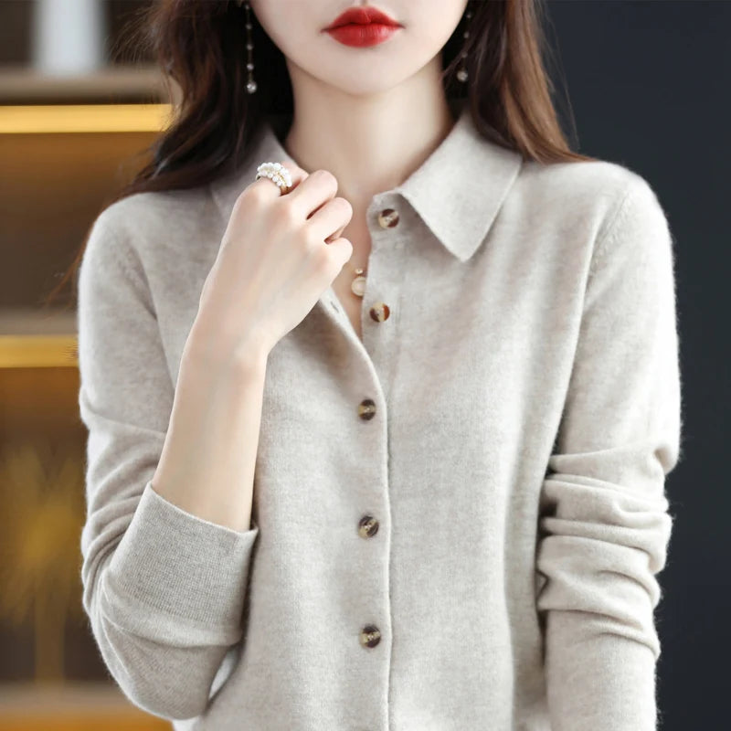 "Women's Pure Wool Lapel Cardigan – Autumn & Winter Casual Sweater"