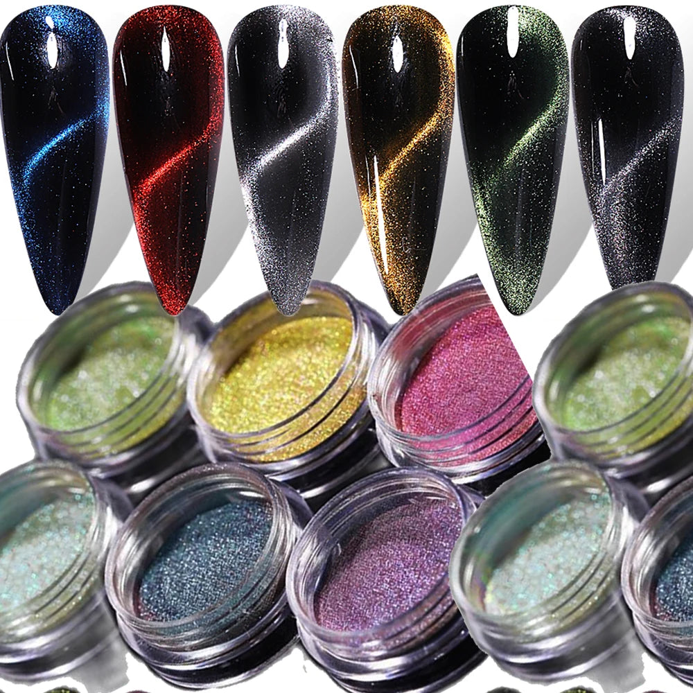 6-Colors Magic Magnetic Cat Eye's Nail Glitter Powder Net1-2g Reflective Effect Cat Eye's Chrome Powder DIY Cat Eye Rubbing Dust