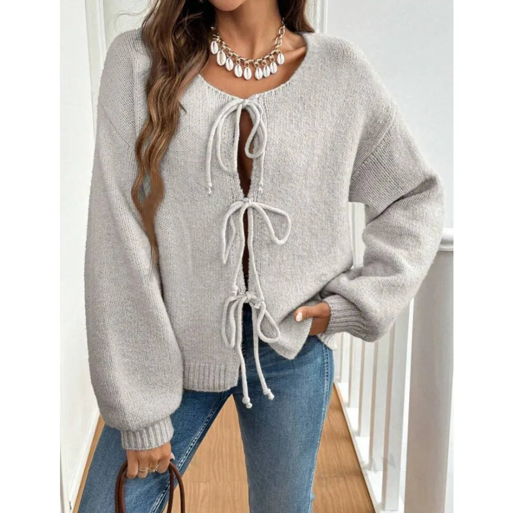Women Solid Round Neck Lace Up Sweaters Cardigan Splice Knit Straight Jumpers Casual Long Sleeve Office Lady Autumn Winter