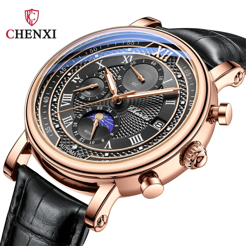 CHENXI 976 Multi functional Clock True Three Eye Six Needle Lunar Calendar Business Quartz Leather Men's Watches montres hommes