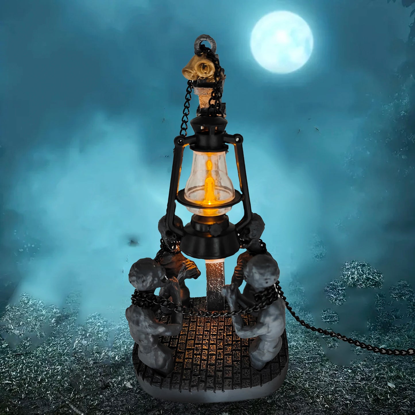 Halloween Retro Oil Lamp Decor，Resin Hell Ghost Statues，Gothic Evil Ghost Chain Coal Oil Lamp，Halloween Skull Home   Decoration.