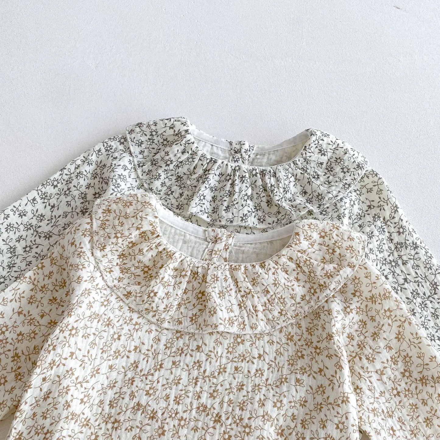 Cotton Infant Toddler Overalls Set 2025 Autumn New Baby Girl Long Sleeve Floral Lapel Tops + Solid Strap Romper 2pcs Suit