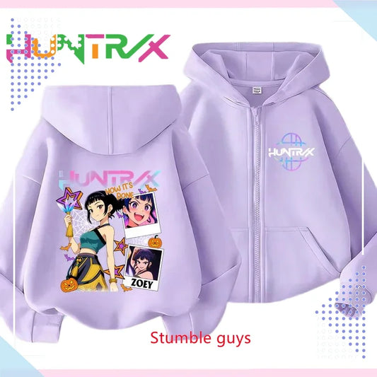Kids Purple Zipper Hoodies Spring Autumn Kpop Demon Hunters Sweatshirt For Spring Picnic & Autumn Walk