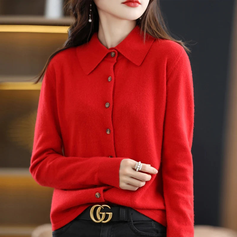 "Women's Pure Wool Lapel Cardigan – Autumn & Winter Casual Sweater"