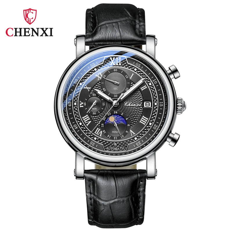 CHENXI 976 Multi functional Clock True Three Eye Six Needle Lunar Calendar Business Quartz Leather Men's Watches montres hommes