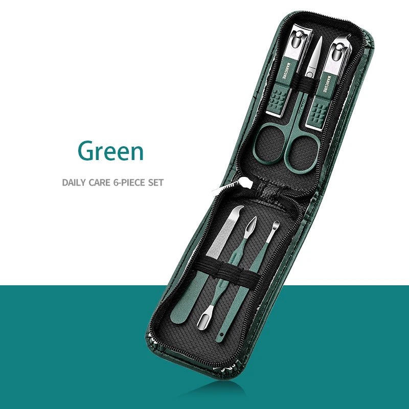 Green 6-18 Pcs Manicure Set With Leather Case Professional Foot And Face Care Tool Kits Stainless Steel Nail Clipper Sets Gift