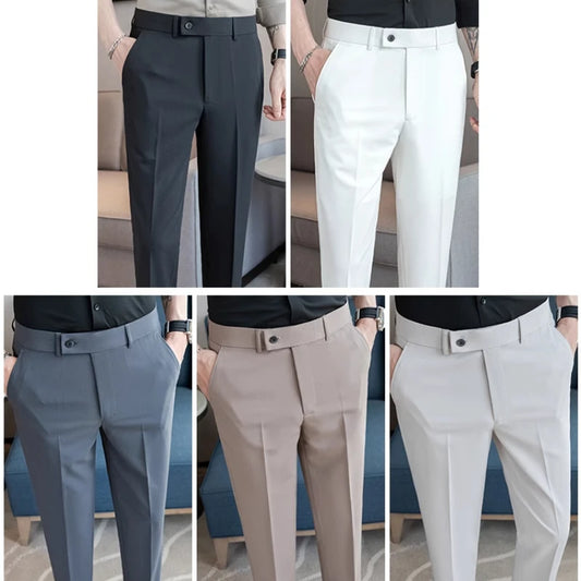 2025 Summer Thin White Elastic Nine Cent Suit Pants for Men,gray Blue Four-side Elastic Comfortable Drape Men's Casual Trousers