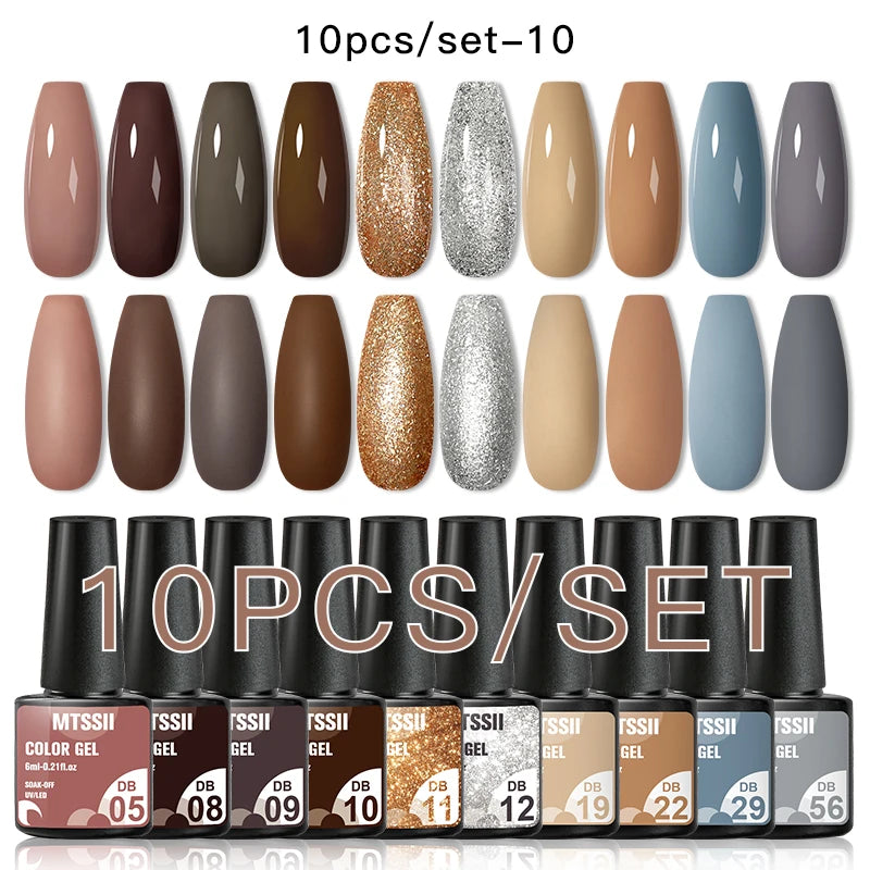 10PCS Coffee Color Gel Nail Polish Set Brown Earth Semi Permanent UV Gel Chocolate Autumn Winter Soak Off Nail Art Gel Varnish