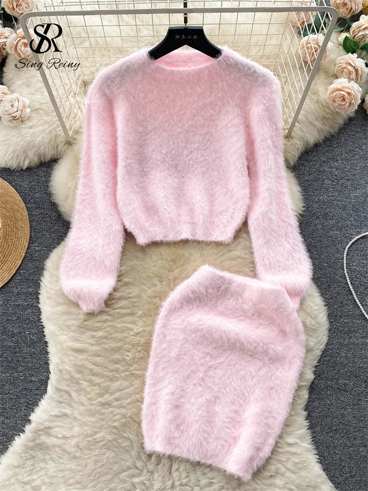 SINGREINY Sweet Flur Suits O Neck Long Sleeves Pullover+High Waist Bodycon Skirt 2023 Korean Style Lady Solid Thick Sweater Sets