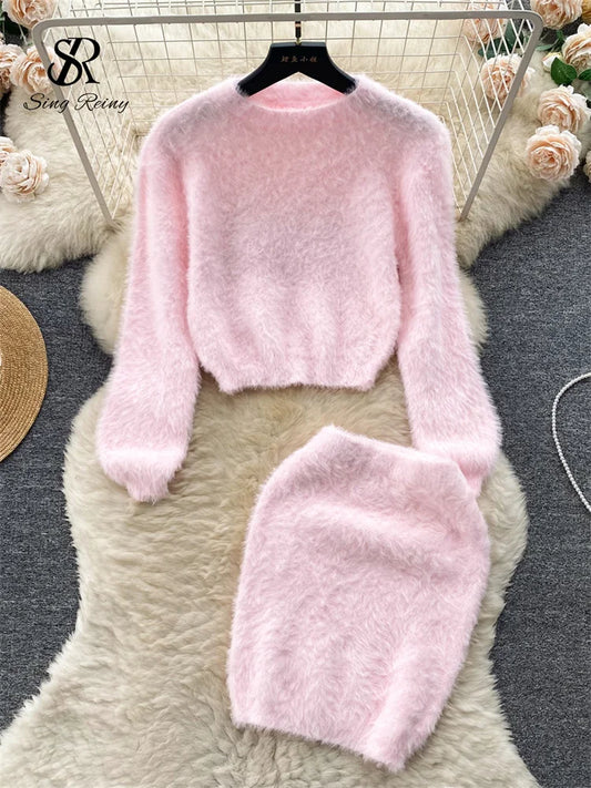 SINGREINY Sweet Flur Suits O Neck Long Sleeves Pullover+High Waist Bodycon Skirt 2023 Korean Style Lady Solid Thick Sweater Sets