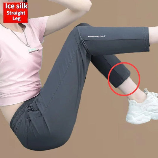 Women's Spring Summer Thin Ice Silk Pants Comfortable Breathable Casual Elastic Beam Feet Pants Slim Sports Fitness Trousers