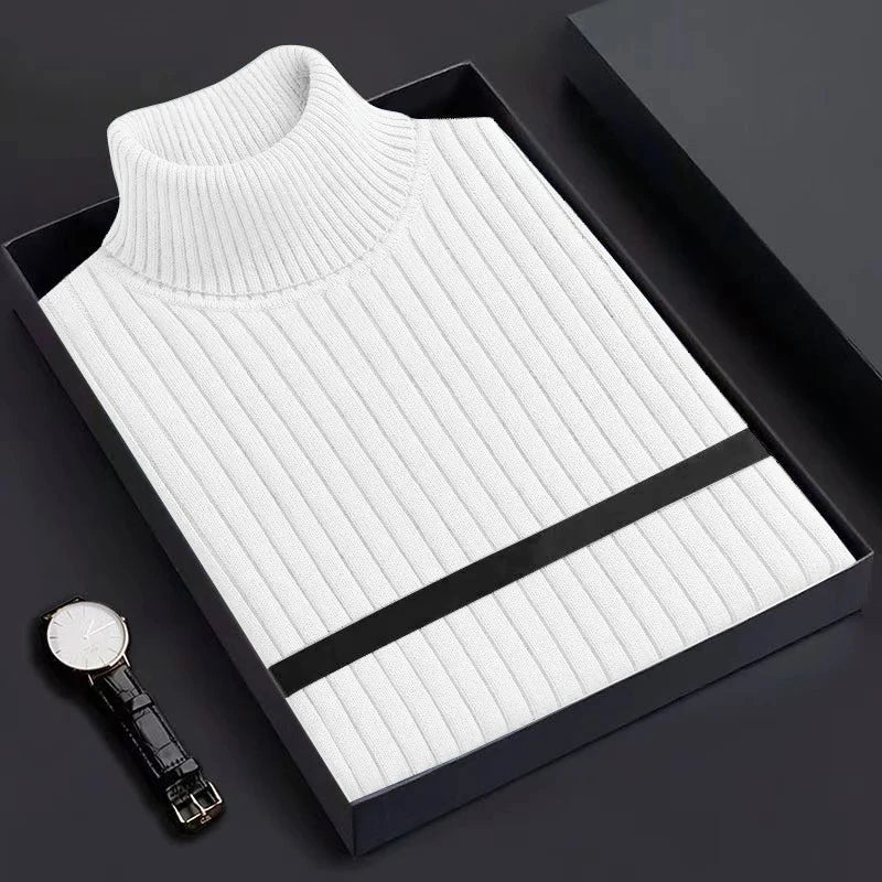 New Men's Slim Fit Pullover Woolen Sweaters Long Sleeve Turtleneck Heavyweight Tops Casual Stripe Knitted Winter Warm Outerwear