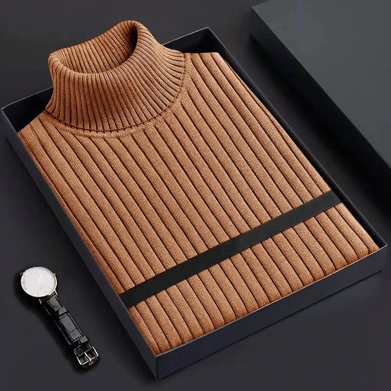 New Men's Slim Fit Pullover Woolen Sweaters Long Sleeve Turtleneck Heavyweight Tops Casual Stripe Knitted Winter Warm Outerwear
