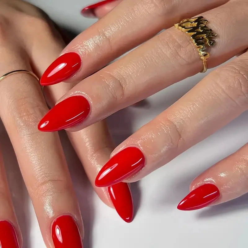 24 PCs Medium-sized Almond French Simple Solid Fake Nails Nails with 1 Jelly Gel and 1 Nail File