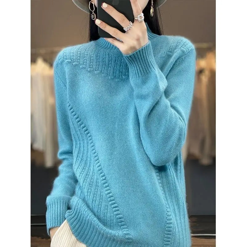2024 Autumn New Loose Women's Semi-turtleneck Thickened Solid Color Simple Crochet Casual Knitted Sweater Pullover Top