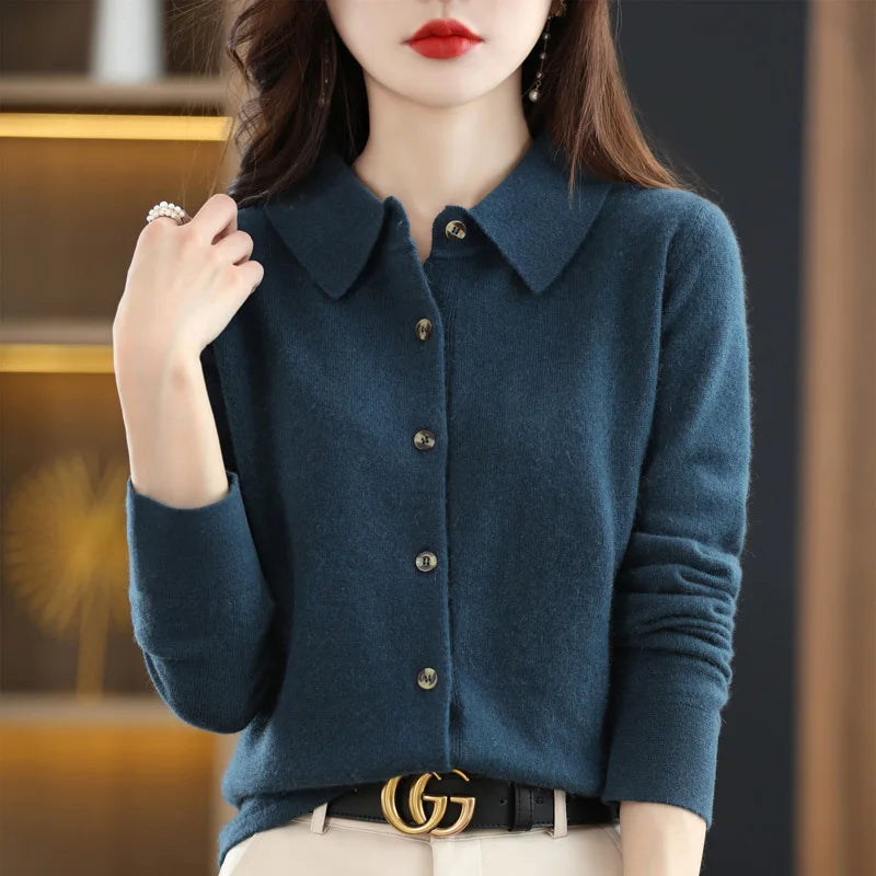 "Women's Pure Wool Lapel Cardigan – Autumn & Winter Casual Sweater"