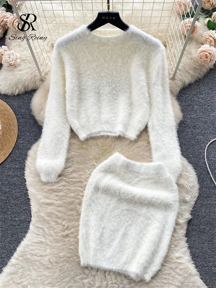 SINGREINY Sweet Flur Suits O Neck Long Sleeves Pullover+High Waist Bodycon Skirt 2023 Korean Style Lady Solid Thick Sweater Sets