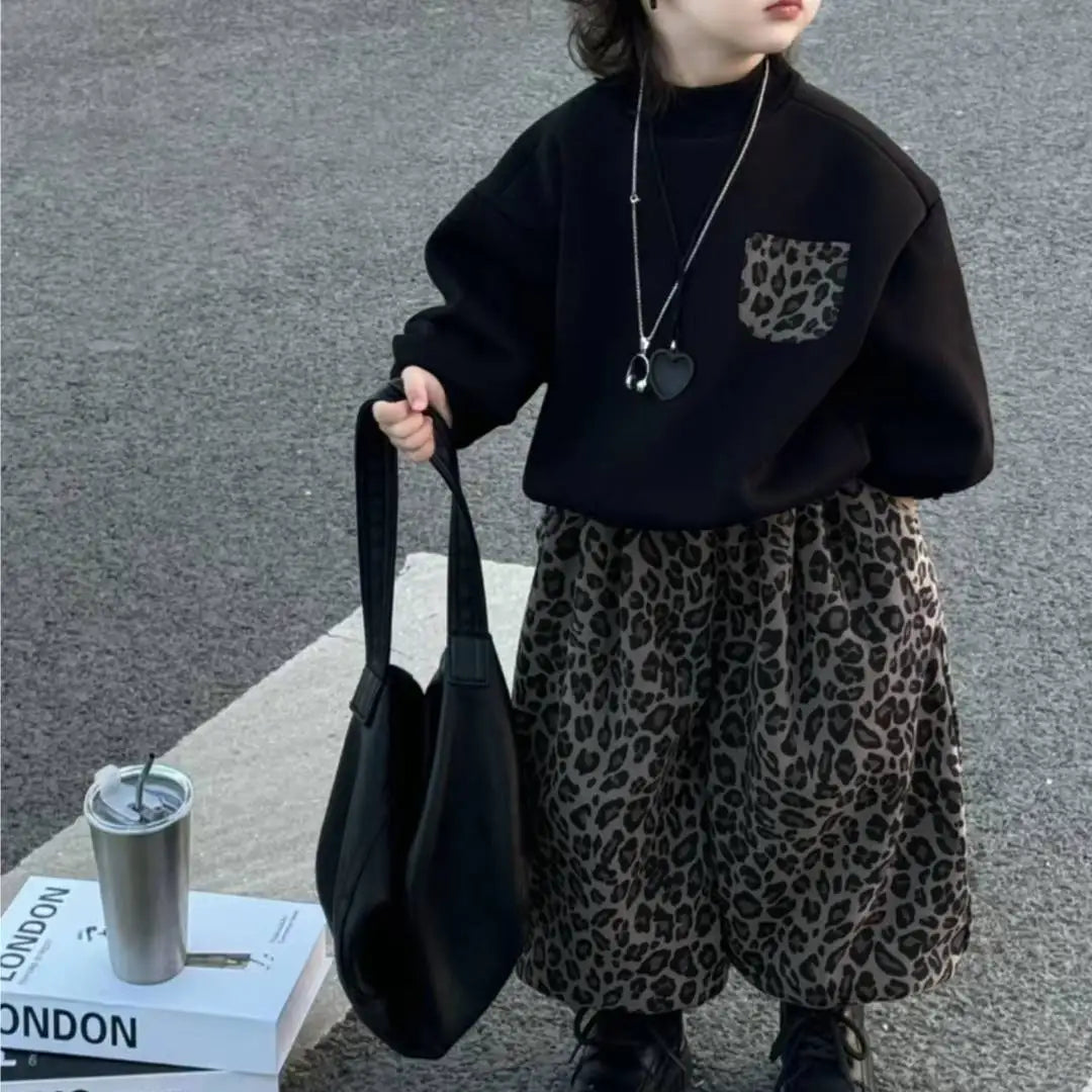 1-18Y Autumn Children's Set 2025 New Fashion Leopard Pattern Pants Korean Stylish Teens Boys' and Girls' Round Neck Hoodies Set