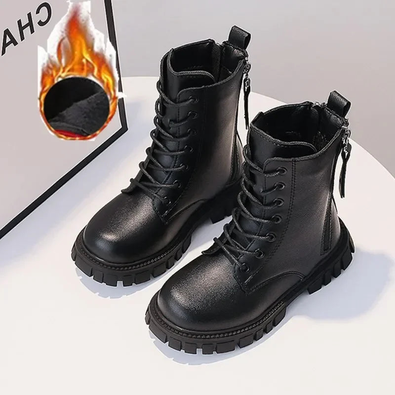 Boys Girls Ankle Boots Thick Soft Sole 2024 New Kids Motorcycle Boots with Double Zipper Children Warm Boots Round Toe Fashion