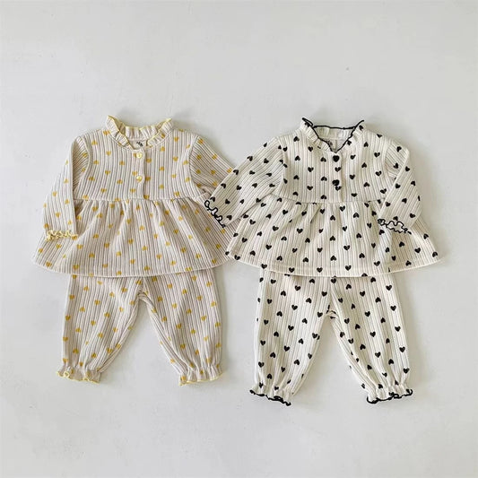 TZ2543 Korean Style Baby Casual Outfit with Heart Lace Trim Doll Shirt And Pants Spring Autumn Infant Clothing Two-Piece Set
