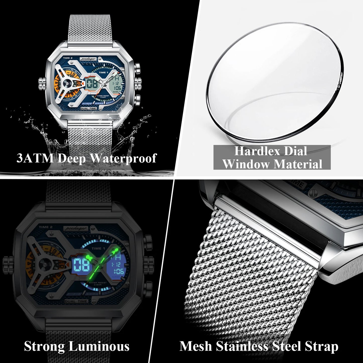 POEDAGAR Top Fashion Men Clock Rectangle Waterproof Date Week LED Man Watch Electronic Mesh Stainless Steel Quartz Men's Watches