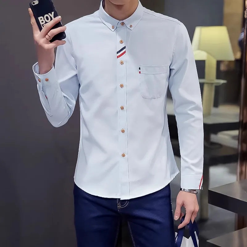 2023 Spring Men's Casual Solid Oxford Dress White Shirt Single Patch Pocket Long Sleeve Regular-fit Button-down  Shirts