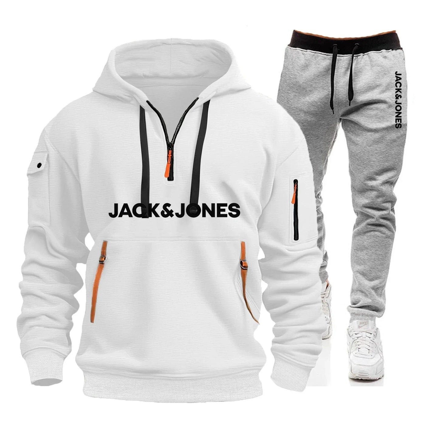 Two sets of men's sportswear for autumn/Winter 2025, including a sweatshirt and two sets of fitness jogging pants with wool caps