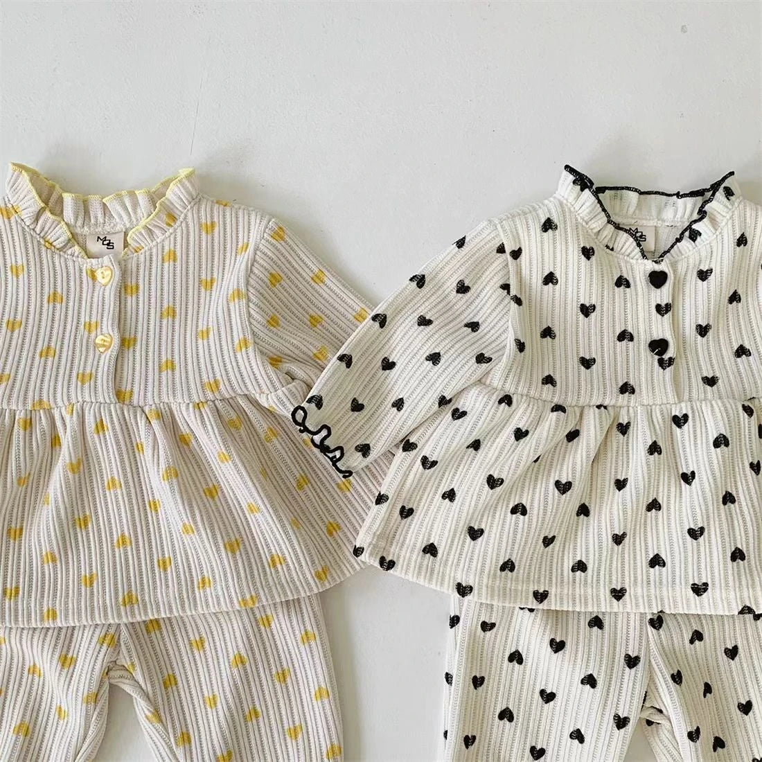 TZ2543 Korean Style Baby Casual Outfit with Heart Lace Trim Doll Shirt And Pants Spring Autumn Infant Clothing Two-Piece Set