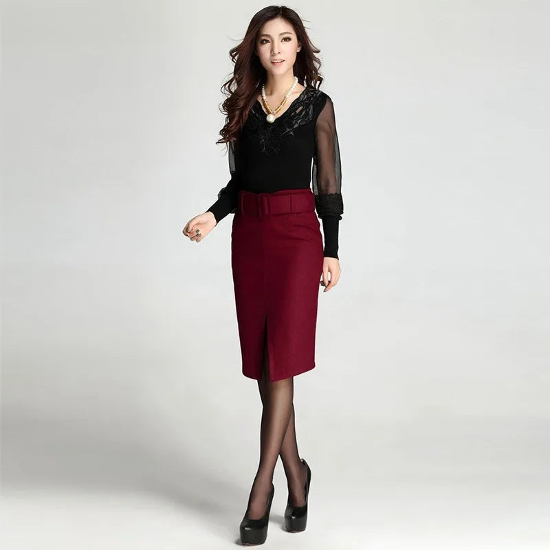 Fashion new large size high waist fashion casual mid-length wool pencil skirt women's skirts women.
