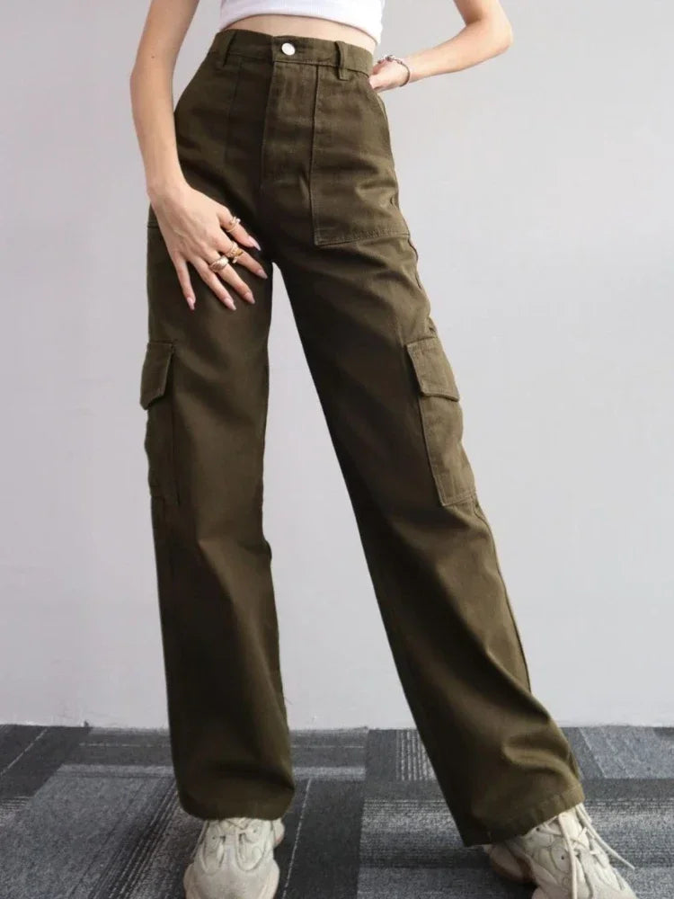 New Straight Cargo High Waist Baggy Trousers Casual Wide Leg Slim Vintage Streetwear Pocket Fashion Women Casual Pants