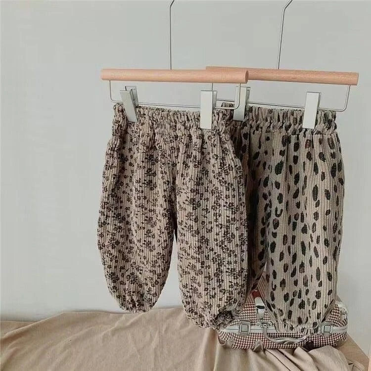 Korean Style Toddler Girls Corduroy Harem Pants 1-8Y Leopard Floral Print Autumn Winter Fleece-Lined or Thin Casual Pants