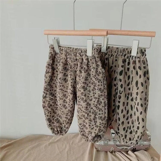 Korean Style Toddler Girls Corduroy Harem Pants 1-8Y Leopard Floral Print Autumn Winter Fleece-Lined or Thin Casual Pants