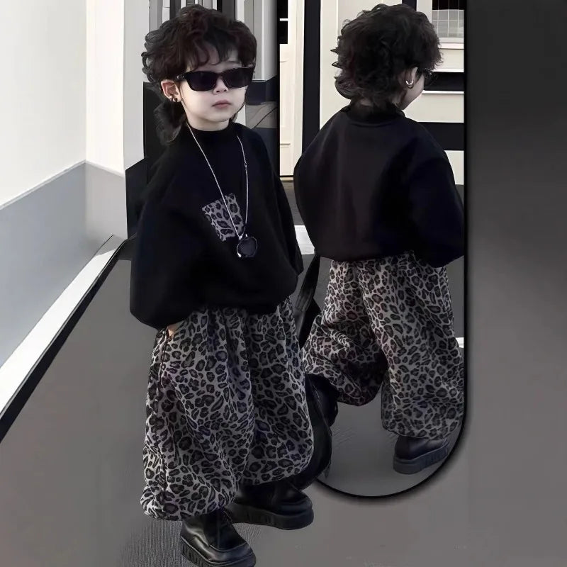 1-18Y Autumn Children's Set 2025 New Fashion Leopard Pattern Pants Korean Stylish Teens Boys' and Girls' Round Neck Hoodies Set